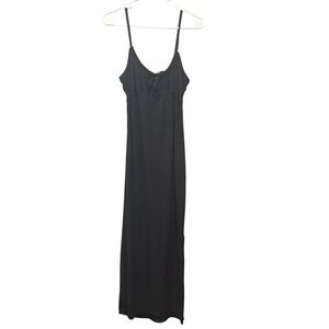 Forever Rose Black Ribbed Milkmaid Maxi Dress Tie Spaghetti Strap Slit MEDIUM
